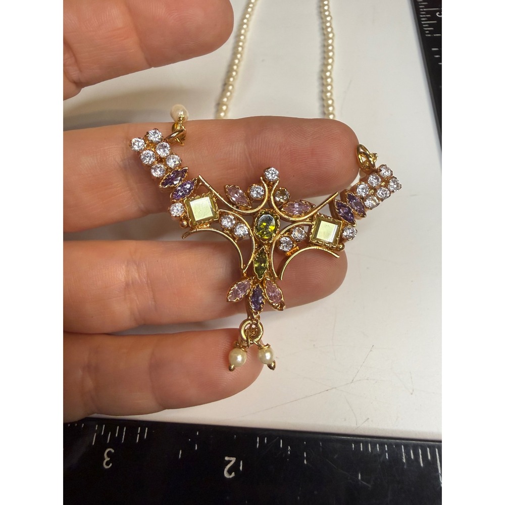Gold Tone Multi Color Rhinestone Faux Pearl Statement Bib Necklace 17 Inch